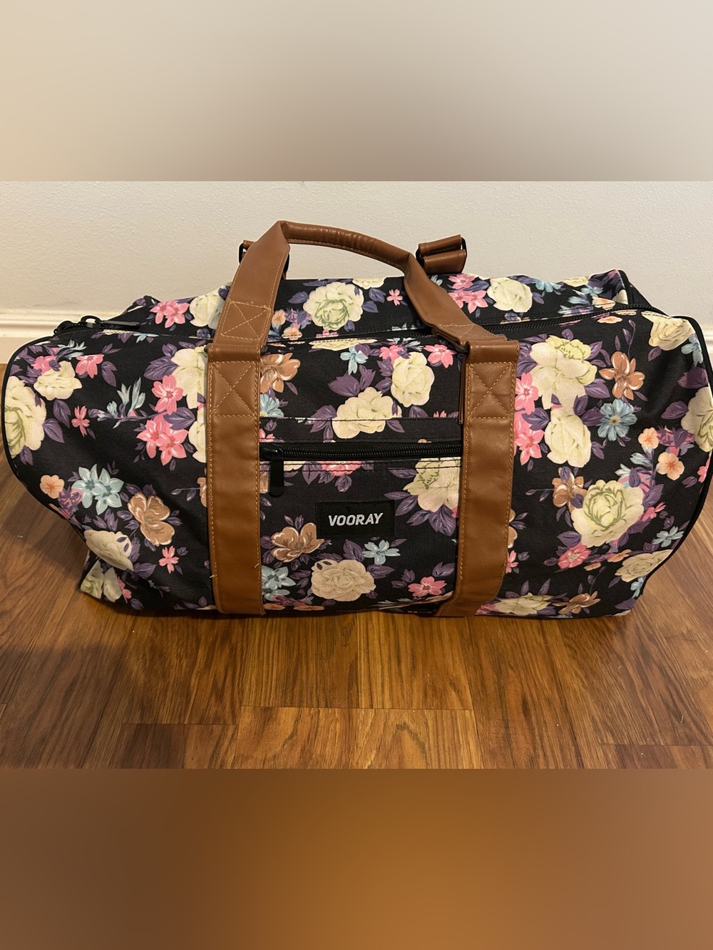 Women's Black Floral Duffel Bag with Brown Accents